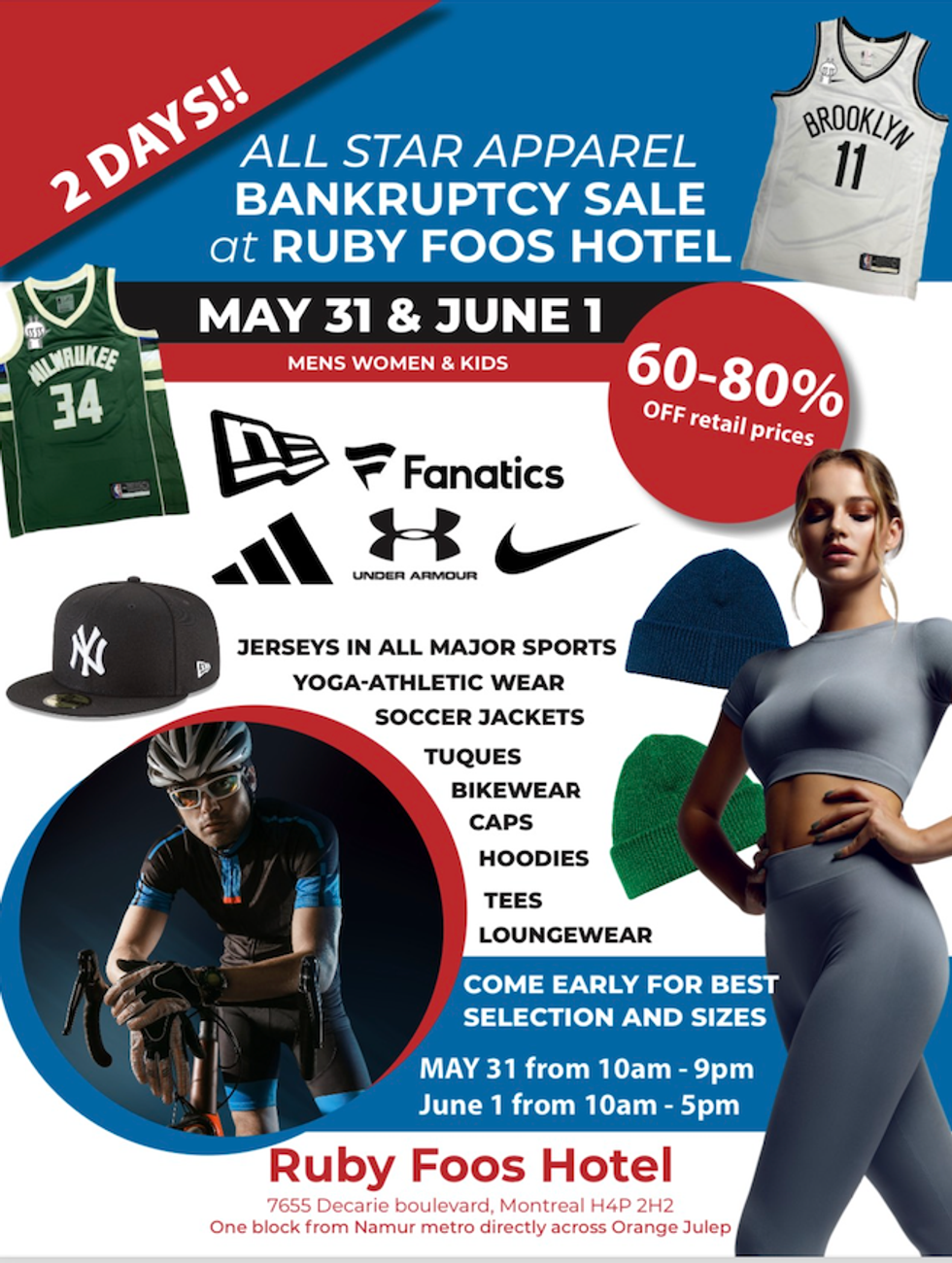 \u200bA poster for an upcoming sports warehouse sale in Montreal featuring a person wearing a matching yoga set, someone on a spinning bike, and details regarding the event.