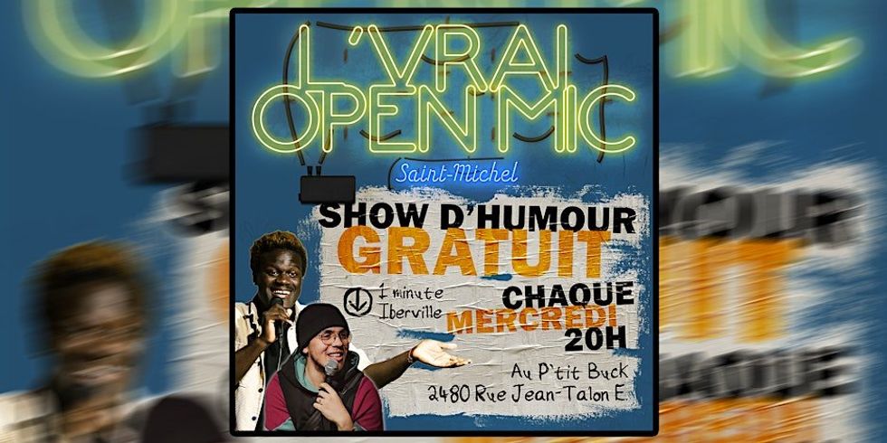 \u200bA poster for an upcoming stand up comedy show in Montreal featuring two people performing on stage and details of the event.