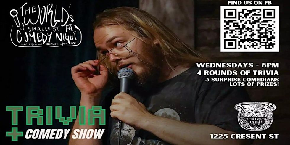 \u200bA poster for an upcoming trivia comedy show in Montreal featuring the event details and a person performing on stage holding a microphone.