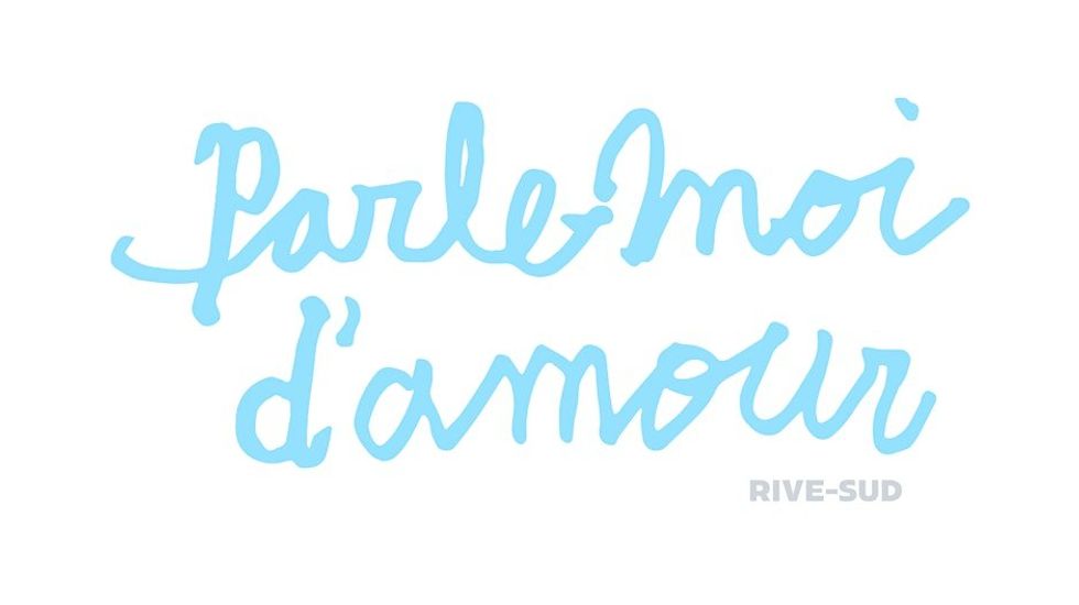 \u200bA poster for an upcoming vernissage in Montreal's South Shore featuring the title of the event in baby blue cursive writing.