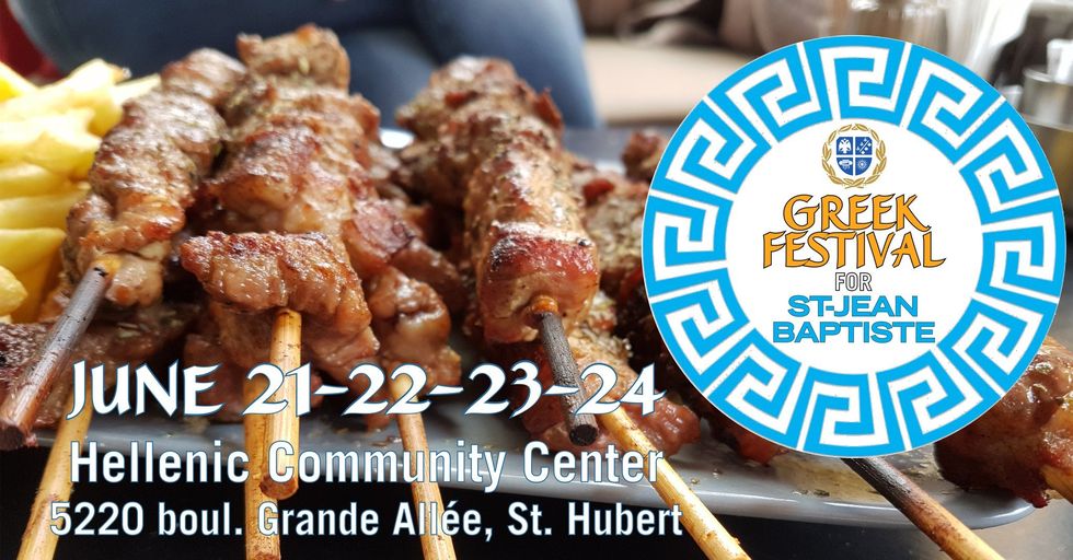 \u200bA poster for the upcoming Greek festival in Montreal with details of the event and souvlaki on a grill.