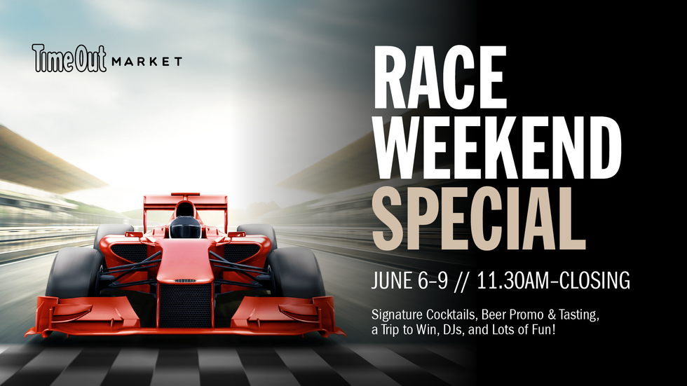 \u200bA poster for Time Out Market's Race Weekend Special, featuring a red race car on a race track and text.