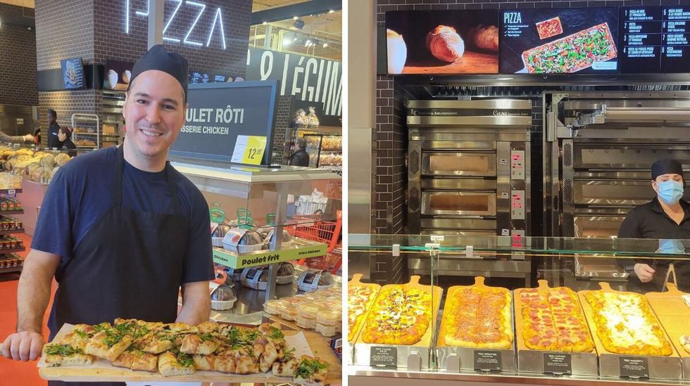 \u200bA Provigo employee holds up sliced prosciutto and brie pizza. Right: A selection of pies at the pizza bar.