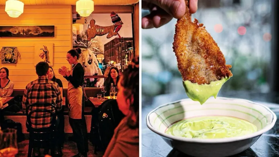 \u200bA server speaks with guests at Vin Mon Lapin. Right: Someone dips fried smelt in dill mayo at Bar Saint-Denis.