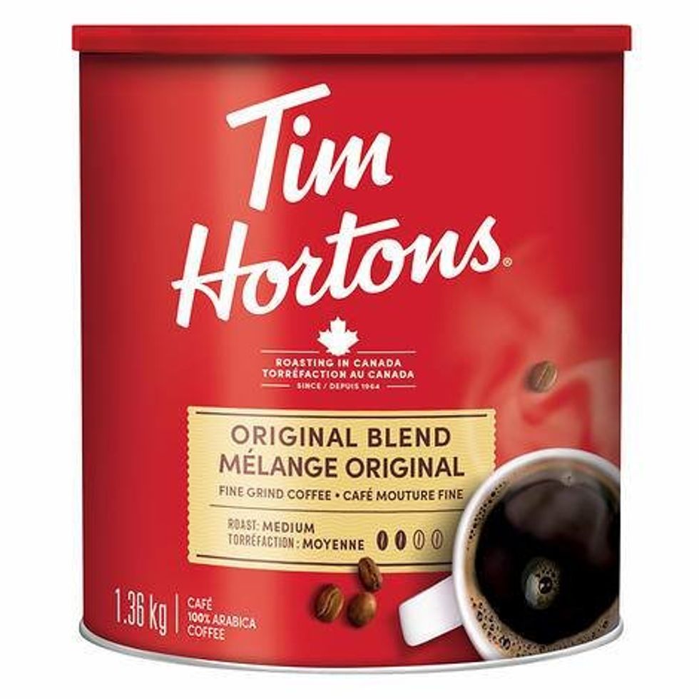 \u200bA tin of Tim Hortons Original Blend Fine Grind coffee.
