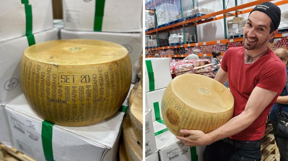 \u200bA wax-covered wheel of parmigiano cheese. Right: Someone smiles while lifting the heavy wheel of cheese.