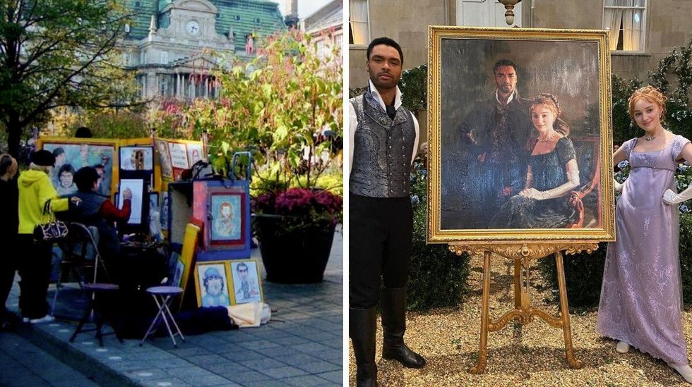 \u200bAn artist paints on a canvas surrounded by caricatures in the Old Port. Right: Daphne and Simon from Bridgerton stand by their portrait.