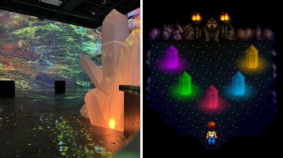 \u200bAn illuminated gem at OASIS Immersion. Right: A character in Stardew Valley looks at five illuminated crystals in a cave.