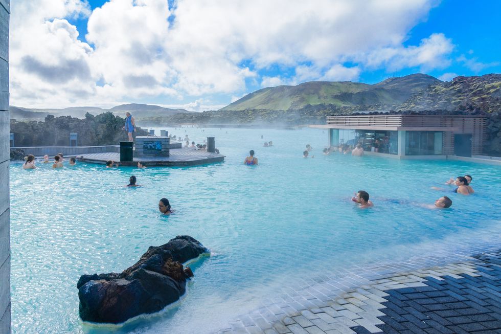 \u200bBathers in the Blue Lagoon on the Reykjanes Peninsula of Iceland.
