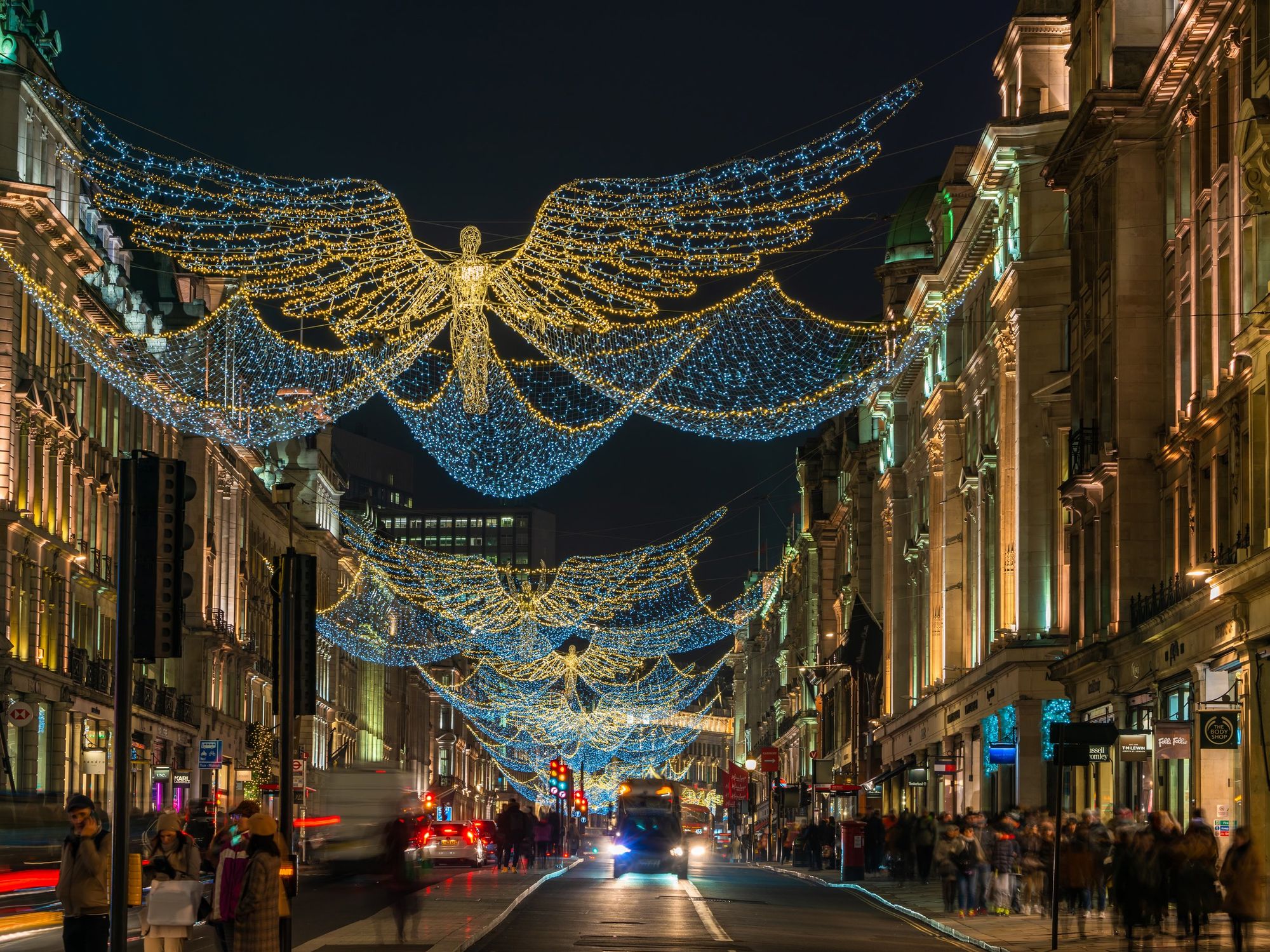 \u200bChristmas lights hang over Regent's Street in London.