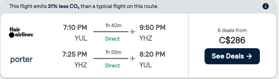 \u200bFlair and Porter flights from Montreal to Halifax.
