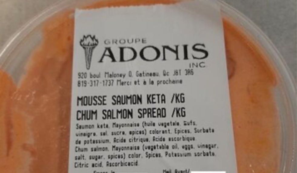 \u200bGroupe Adonis chum salmon spread in a plastic container.