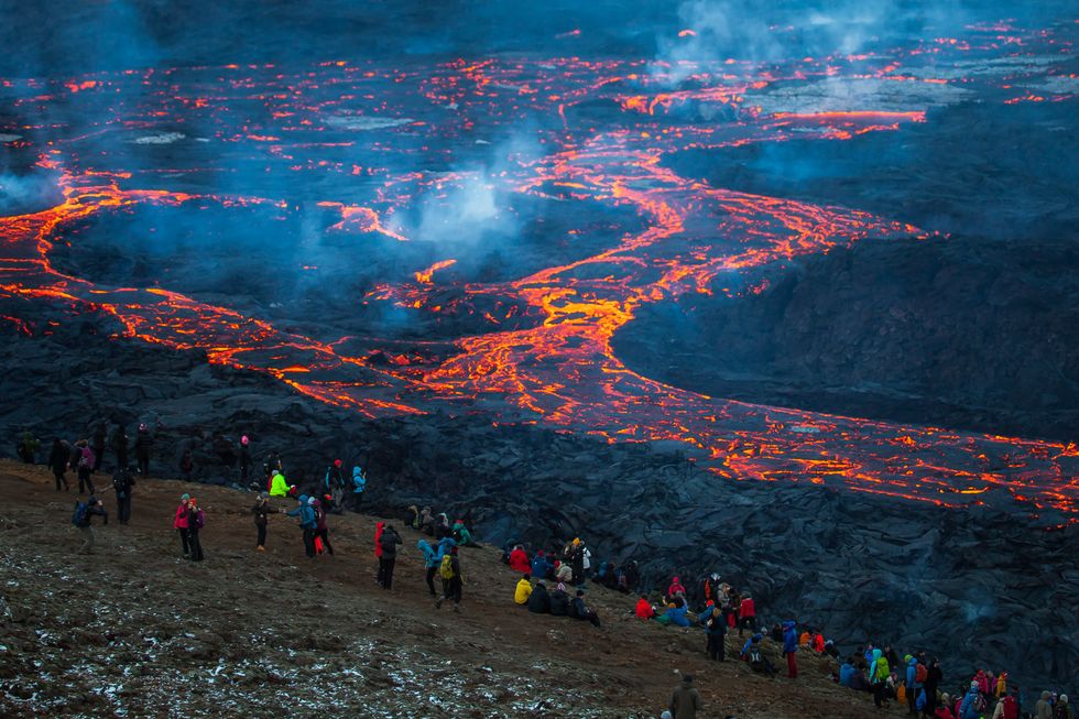 \u200bLava flowing during a volcanic eruption on the Reykjanes peninsula in Iceland.