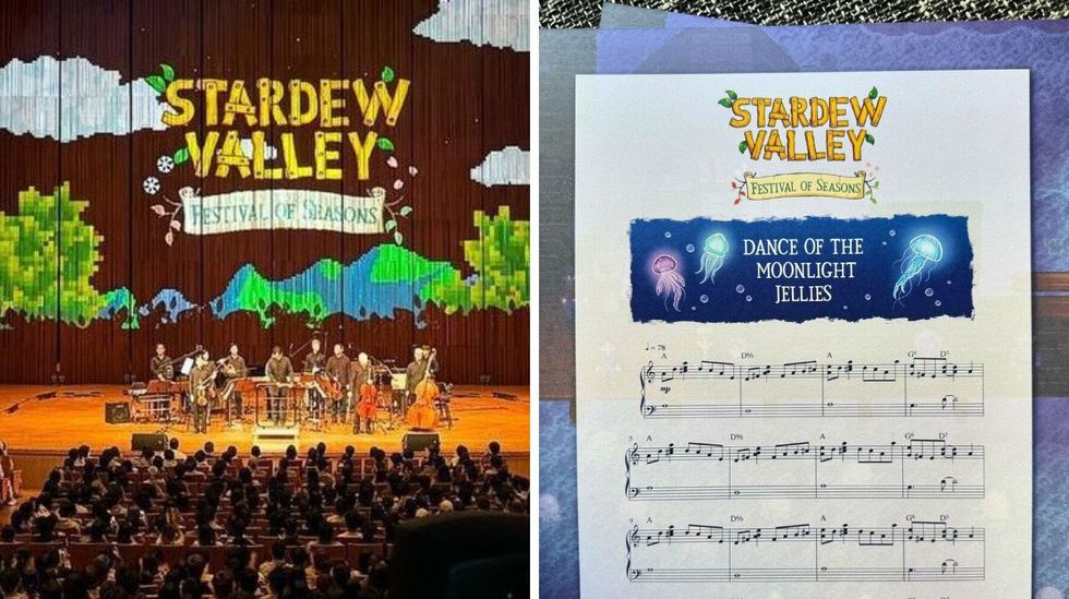 \u200bMusicians on stage with "Stardew Valley Festival of Seasons" projected in the background. Right: Sheet music for the song "Dance of the Moonlight Jellies."