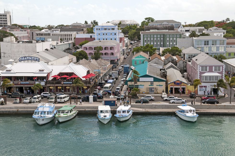 \u200bNassau's busy tourist district with boat shuttles tied up waiting for tours.