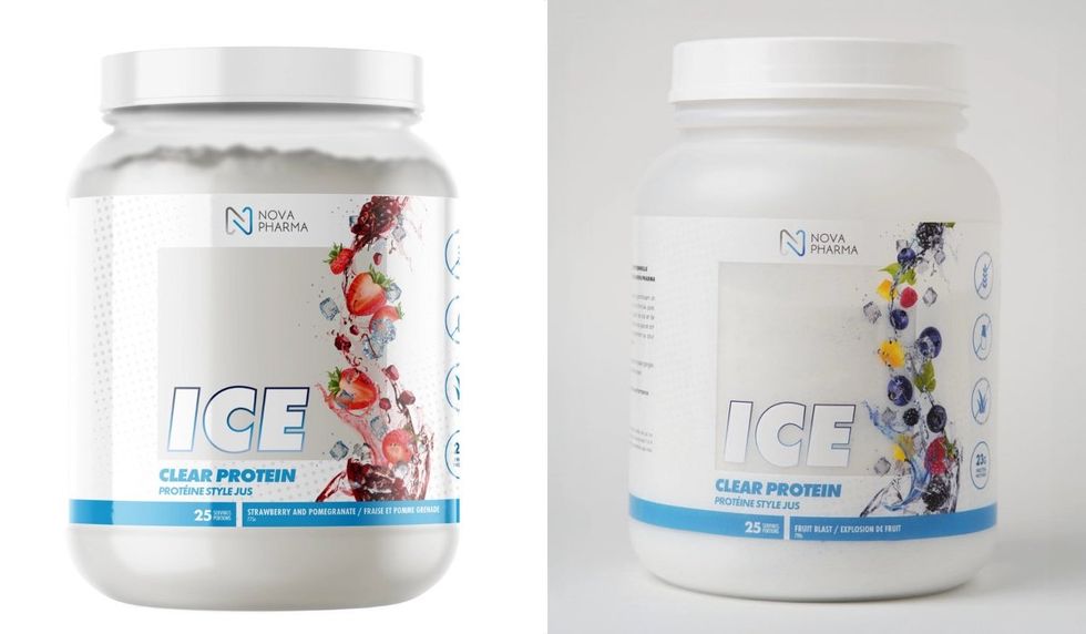 \u200bNova Pharma brand protein powders in white jugs with fruit designs.