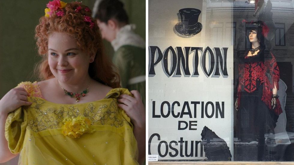 \u200bPenelope holds up a yellow gown. Right: A sign with a top hat outside Ponton in Hochelaga.