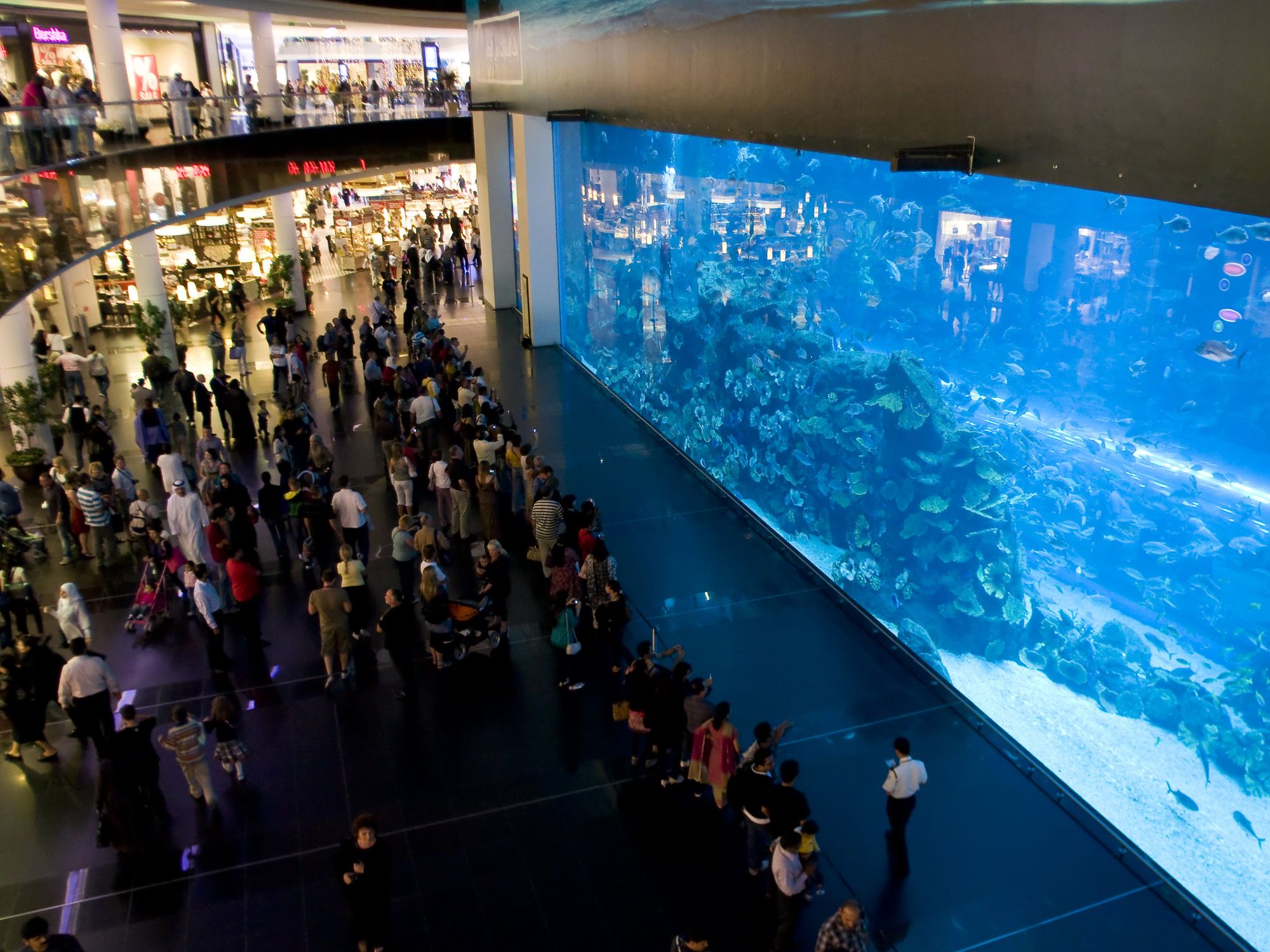 \u200bPeople walk by a massive aquarium in Dubai Mall.