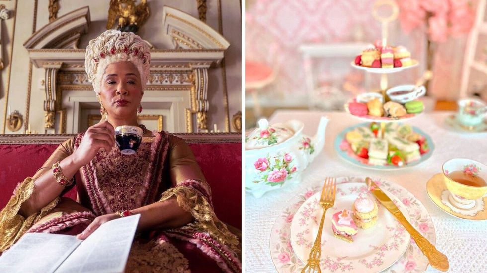 \u200bQueen Charlotte sips a cup of tea. Right: A lavish spread of tea and sweets on flowery tableware with gold utensils.