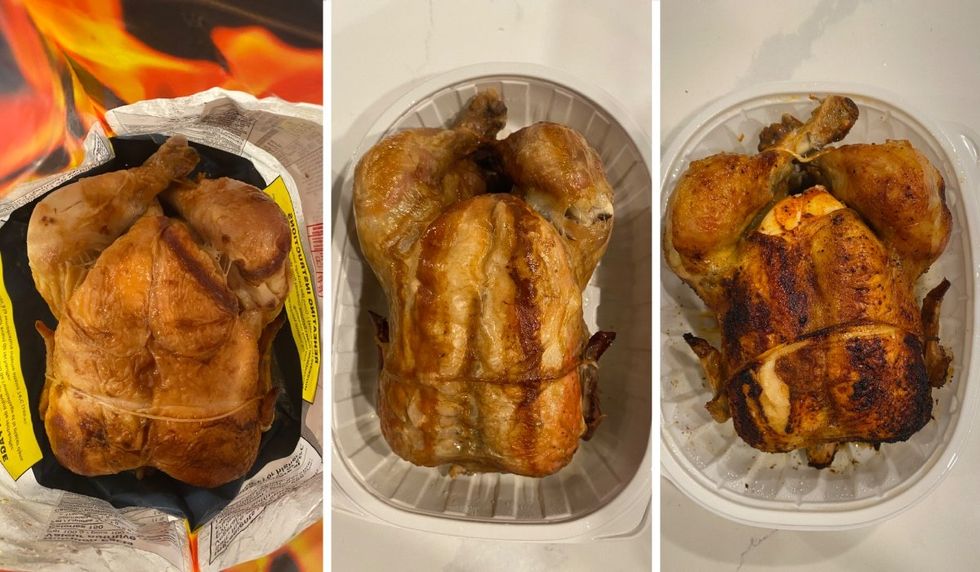 \u200bRotisserie chickens from Costco (left), IGA (middle) and Maxi (right).