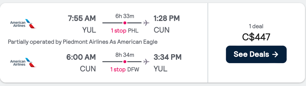 \u200bSkyscanner flights from Montreal to Cancun with American Airlines.