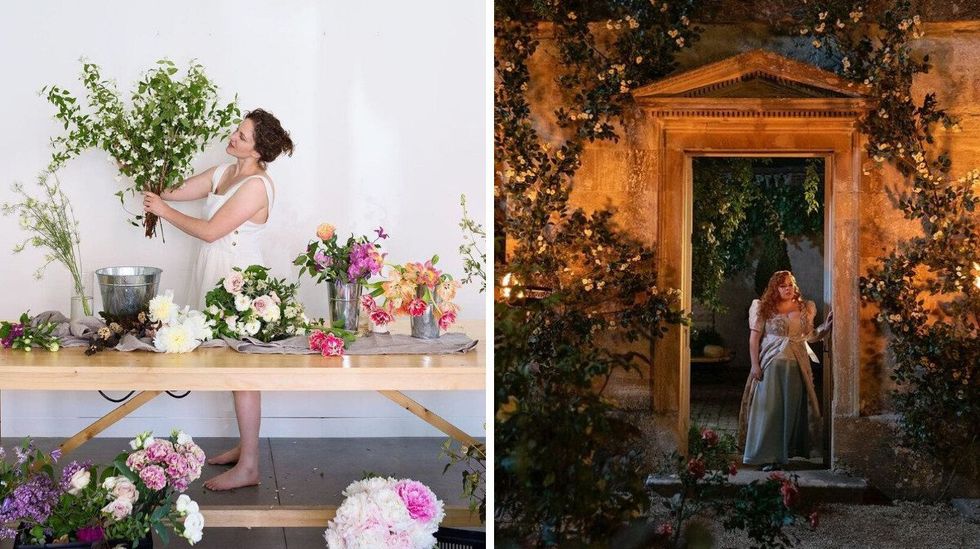 \u200bSomeone arranges flowers on a table covered in bloom-filled vases. Right: Penelope stands in a doorway surrounded by plants and flowers.