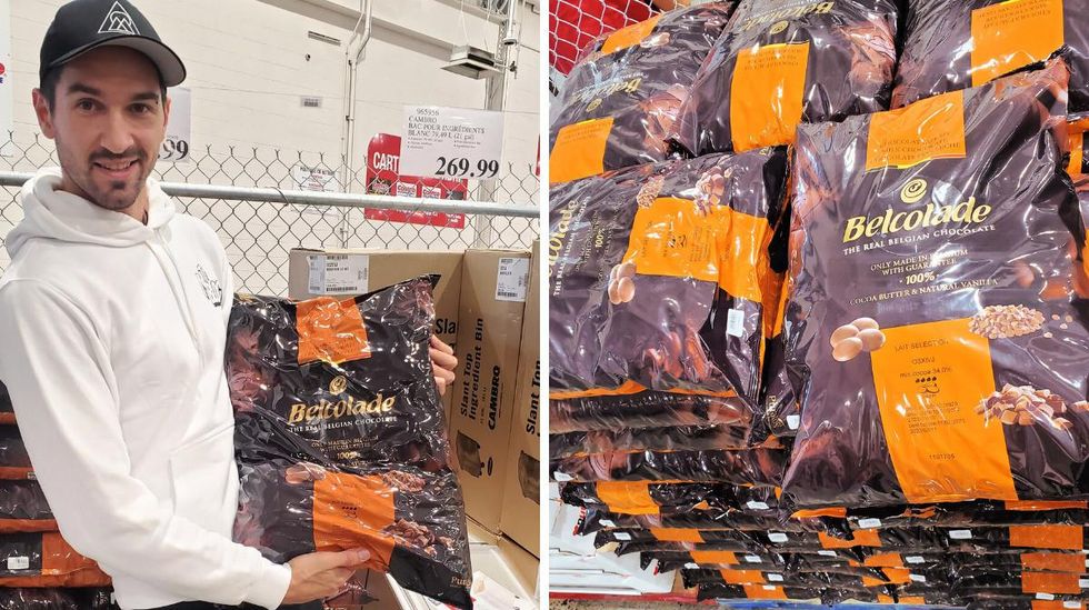 \u200bSomeone holds up a massive bag of chocolate. Right: The orange and brown packaging indicates the 100% Belgian chocolate is flavoured with vanilla.