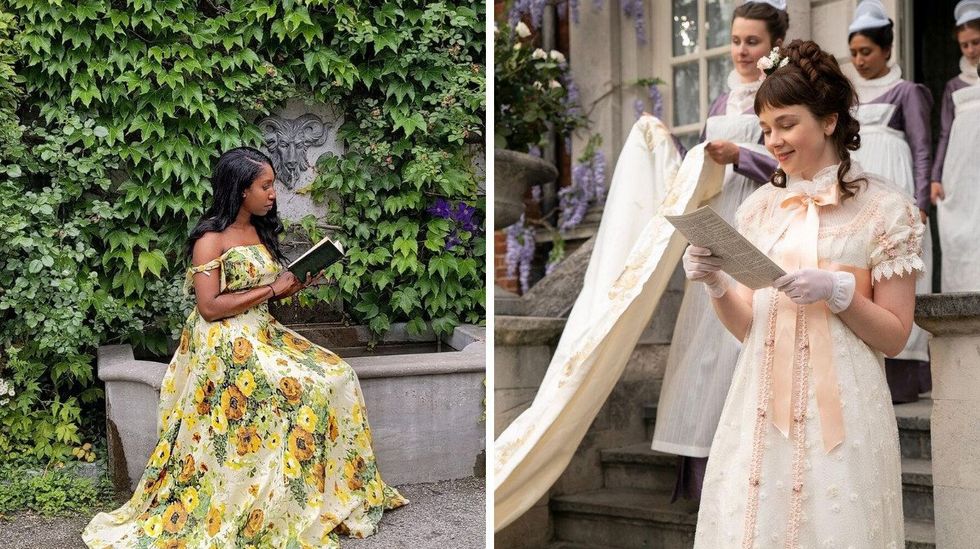 \u200bSomeone reads by an ivy-covered fountain in the garden of Ch\u00e2teau Ramezay. Right: Eloise reads a Lady Whistledowne pamphlet.
