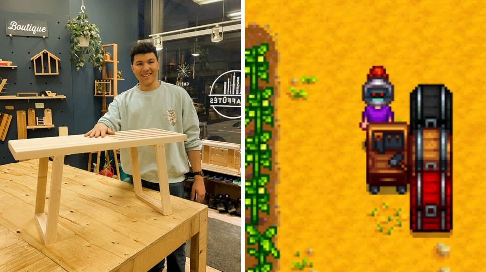\u200bSomeone stands by a bench they made at a Les Affutes workshop. Right: A Stardew Valley player stands next to a crafting bench.