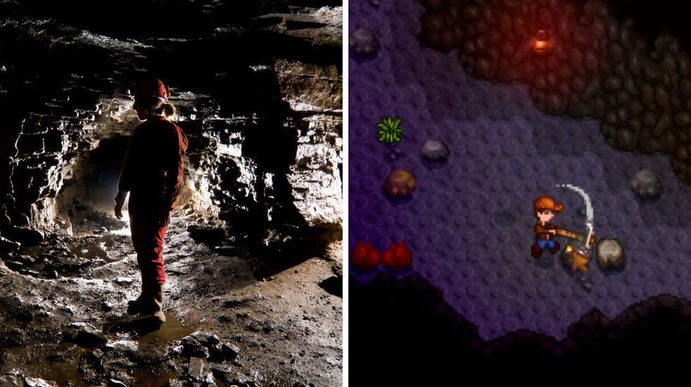 \u200bSomeone stands in the Saint-Leonard Cavern. Right: A Stardew Valley player mining in a cave.