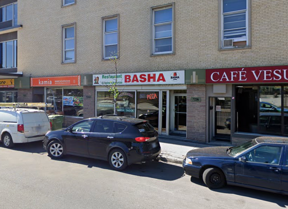 \u200bThe exterior of a Basha Lebanese fast food restaurant in Montreal.