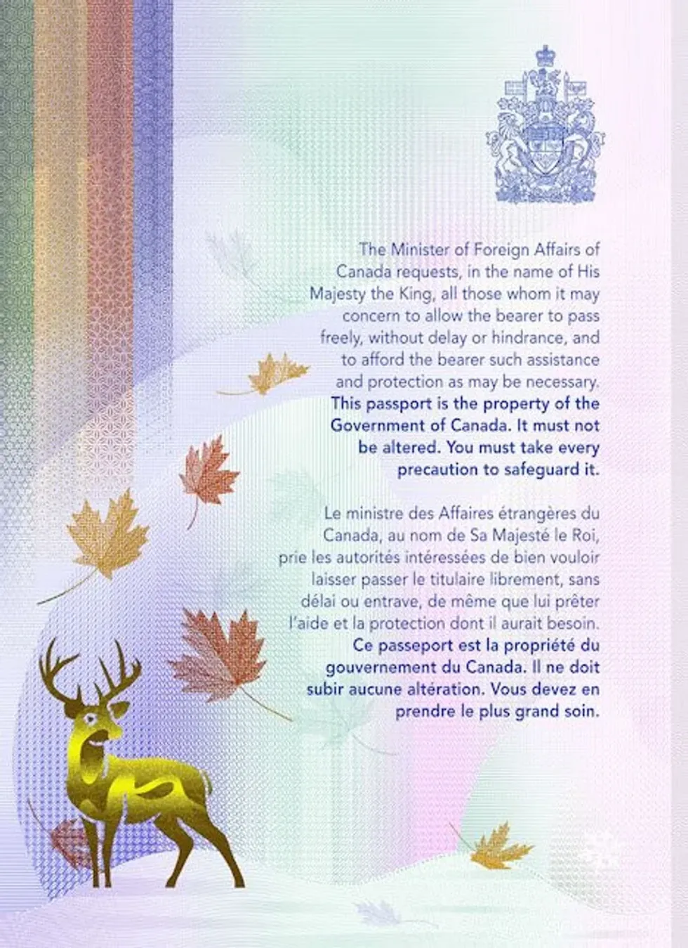 \u200bThe first page of the Canadian passport featuring a deer, maple leaves, and snowflakes.