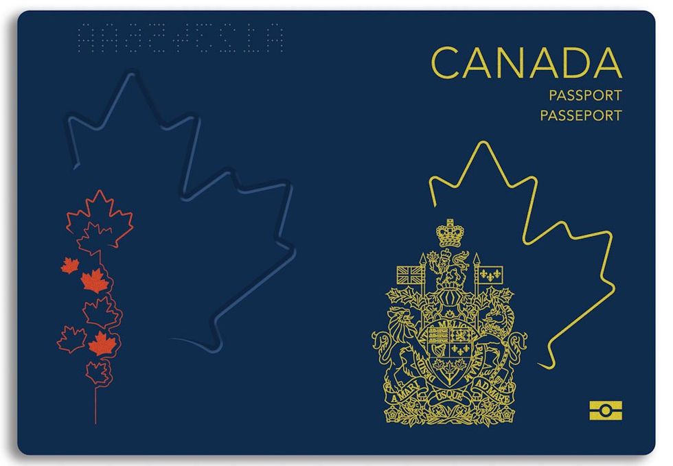 \u200bThe front and back of the new Canadian passport featuring an emblazoned maple leaf, serial code and different sized maple leaves on the back.