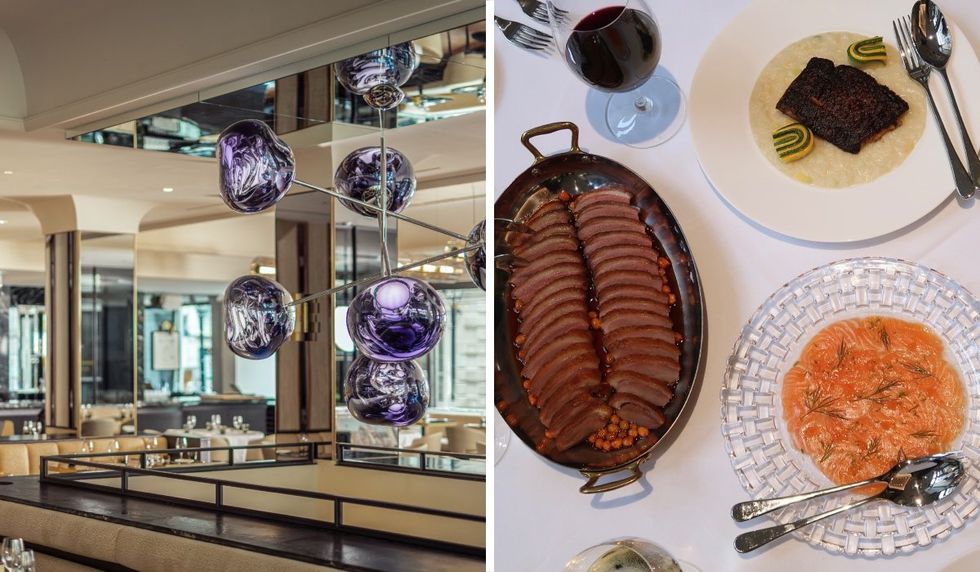 \u200bThe interior tables at Dorsia restaurant. Right: Several dishes from Dorsia restaurant in Montreal.