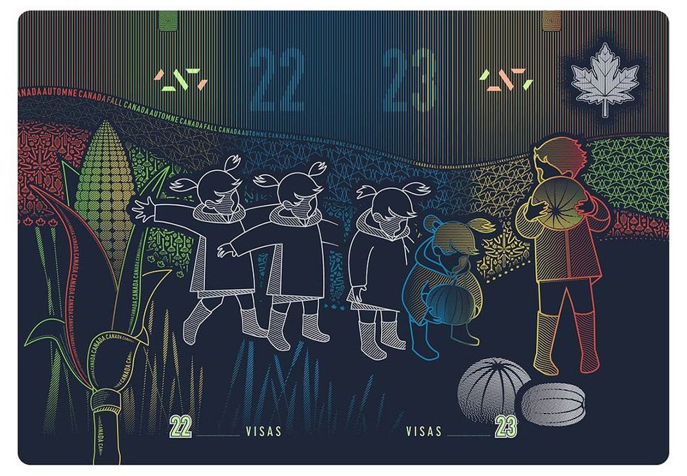 \u200bThe new Canadian passport's blank visa pages that show children on a farm in fall.