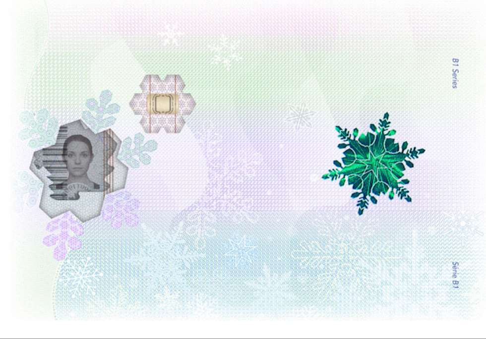 \u200bThe second page of the new Canadian passport featuring a electronic chip and image of the passport holder.