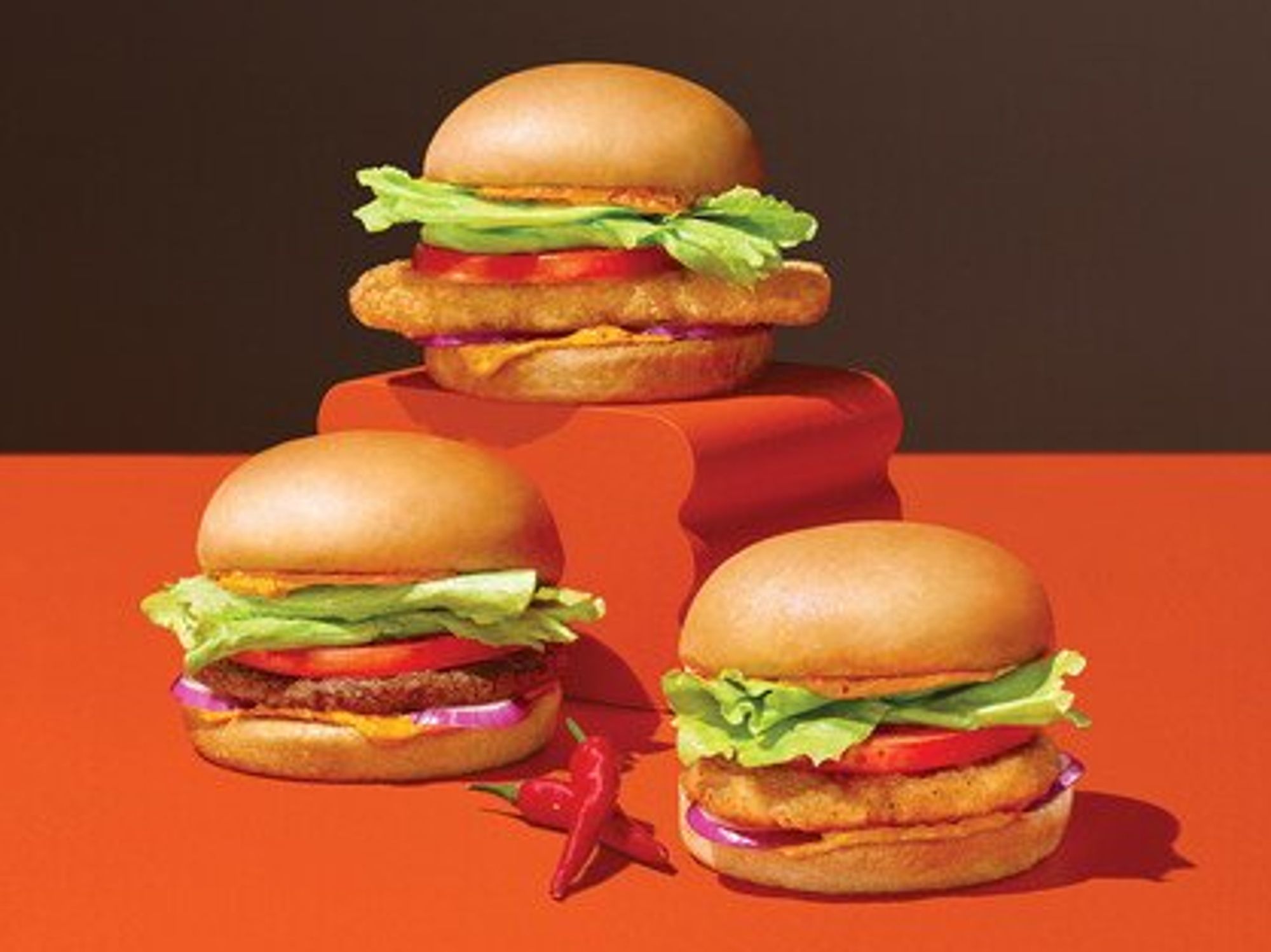 \u200bThe Spicy Piri-Piri Buddy Burger trio with a chicken, beef or potato patty.