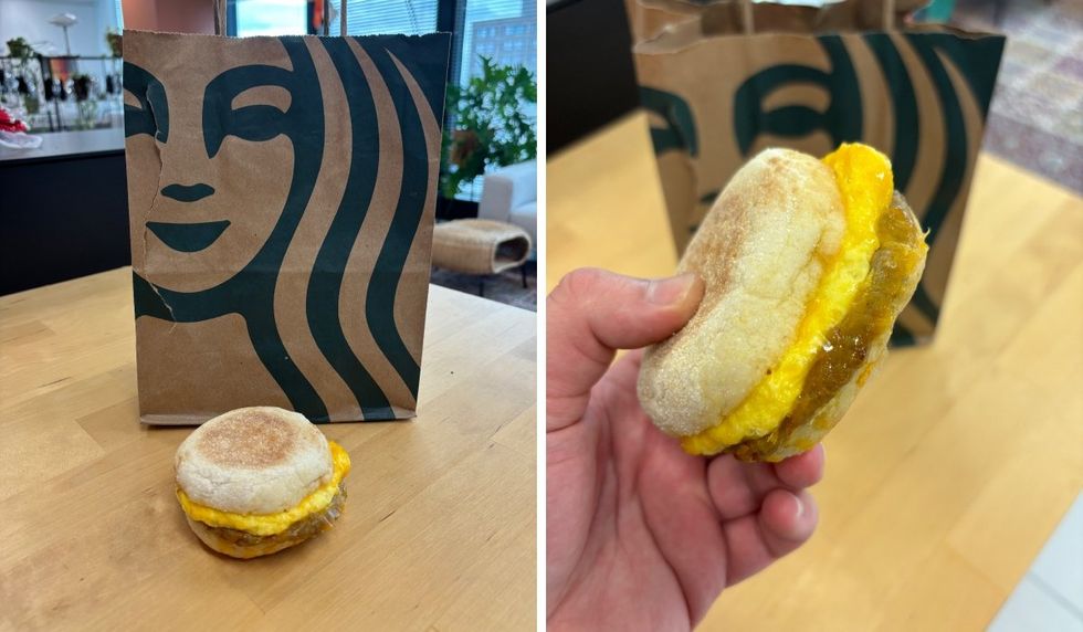 \u200bTHe Starbucks Sausage, Cheddar & Egg Sandwich.