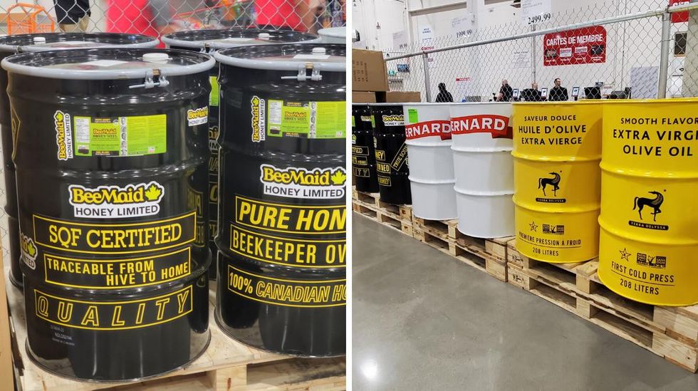 \u200bTwo black honey vats on a pallet read, 'Traceable from hive to home.' Right: Three sets of vats, including yellow for olive oil, white for maple syrup, and black for honey.