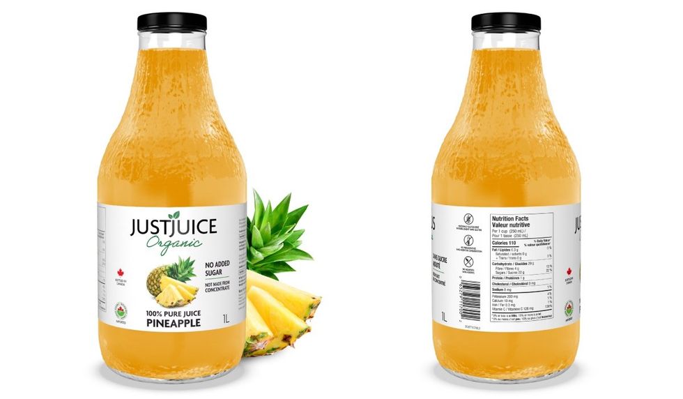 \u200bTwo jars of JustJuice Organic 100% Pure Juice Pineapple | 946 ml