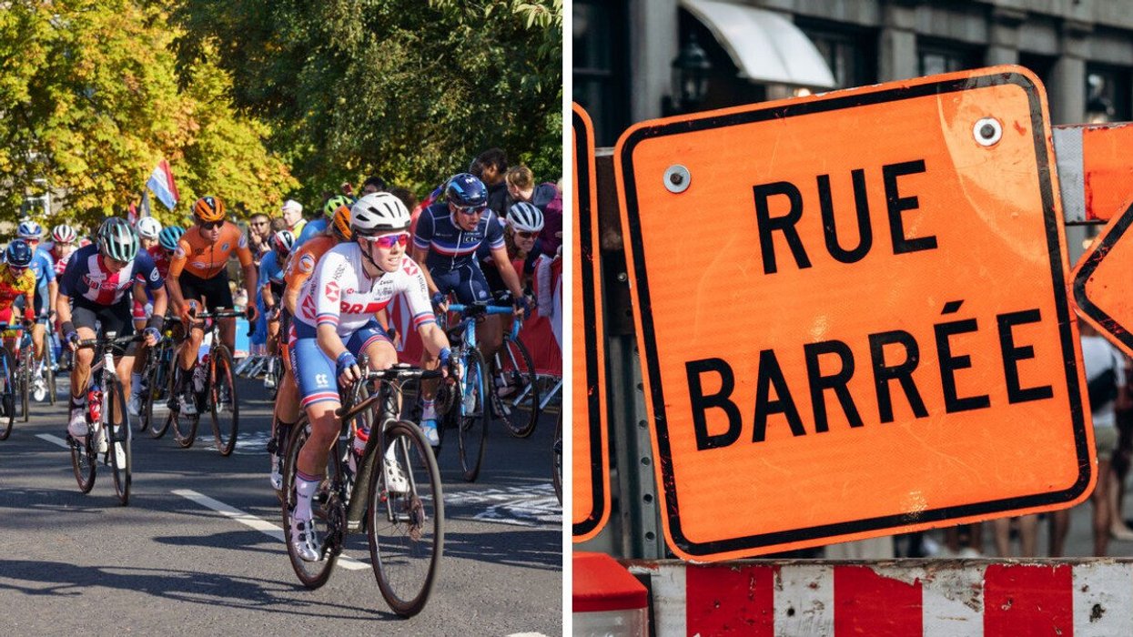 UCI Worlds road bike race. Right: Rue Barree sign in Montreal.