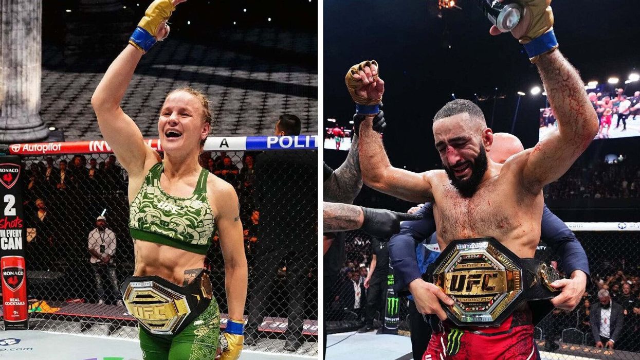 Valentina Shevchenko and Belal Muhammad celebrating UFC wins