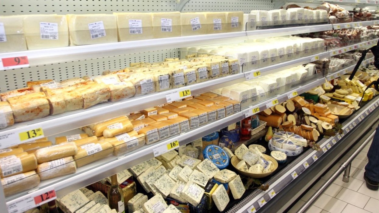 Various cheese products in the refrigerator section at a grocery store.