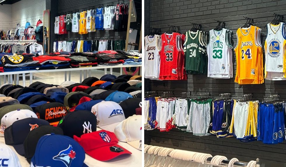 Various sports memorabilia and apparel at a warehouse sale in Montreal.