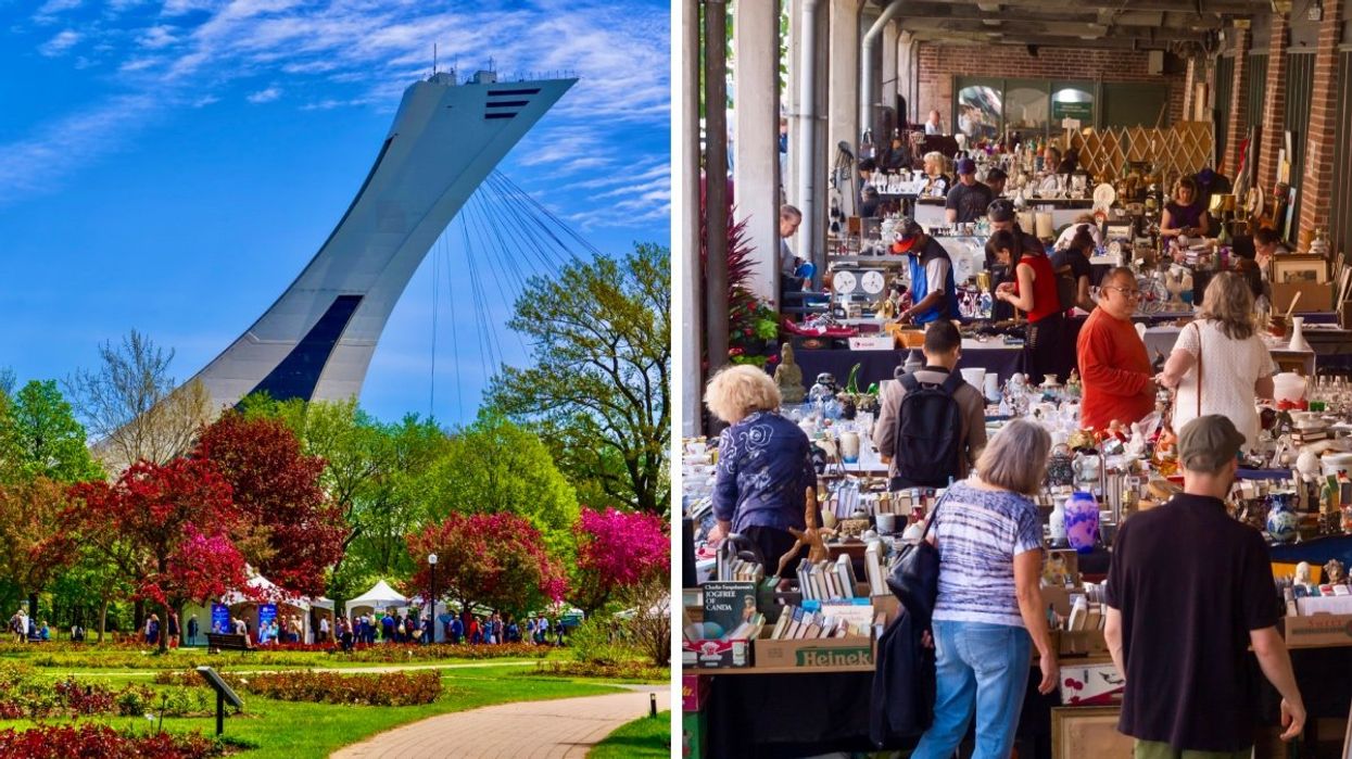 Various trees in bloom at Montreal's Parc Olympique with the Olympic tower in the background. Right: People browsing through tables of vintage items at a flea market in Quebec.