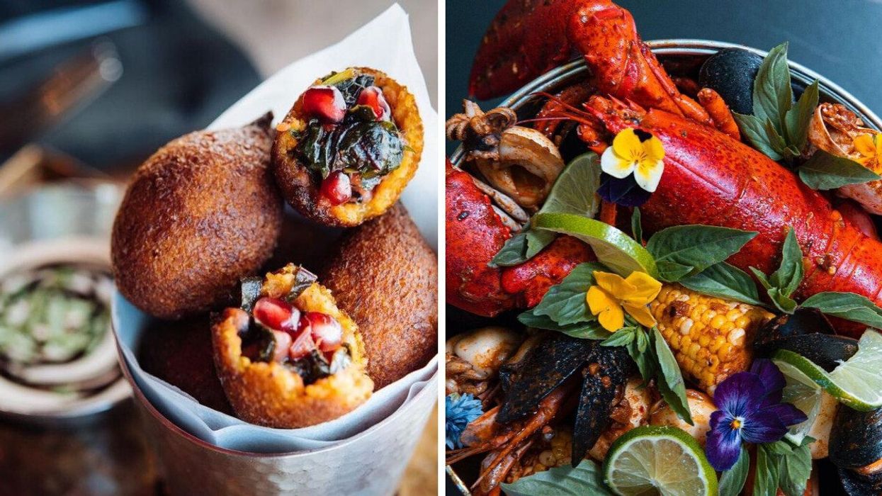 Vegetarian fried kibbeh made of butternut squash stuffed with Swiss chard, black-eyed beans, pomegranate, and pumpkin seeds from Damas. Right: Talay Tunk Tak with lobster, mussels, cuttlefish, blue crab, fresh water shrimp, corn, and homemade sauce from Pamika Thai.