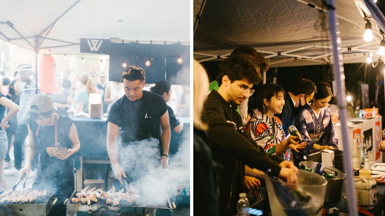 Vendors prepare food at YATAI MTL. Right: YATAI MTL attendees browse products for sale.
