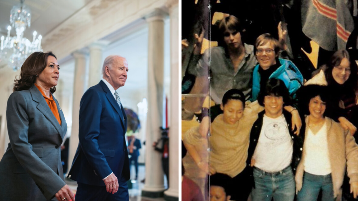 Vice-President Kamala Harris and President Joe Biden walking in the White House. Right: A group of high school students, including Kamala Harris, arm-in-arm in Montreal.