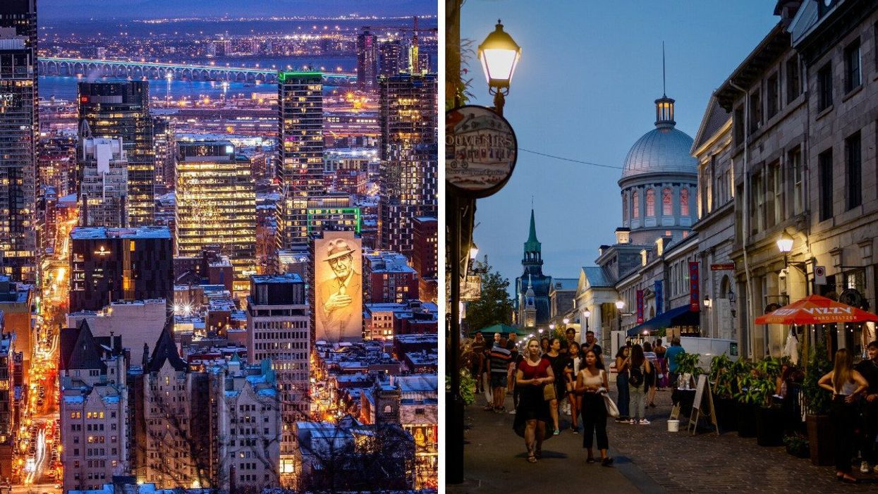 View from above of a city at night. Right: A pedestrian street in Montreal at night.
