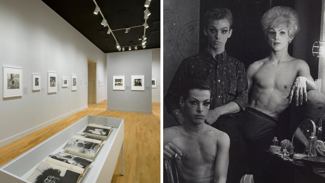 View of the exhibition 'Diane Arbus: Photographs, 1956-1971' at the Montreal Museum of Fine Arts. Right, A black and white photo by Diane Arbus, titled 'Three female impersonators' (1962).